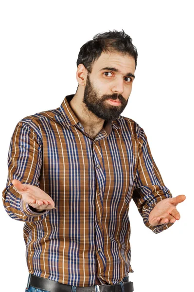 Hombre Mediana Edad Jeans Descoloridos Camisa Sobre Fondo Blanco Mostrando —  Fotos de Stock