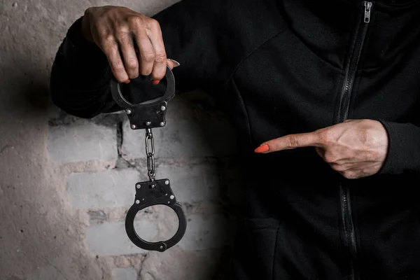 Close Hands Handcuffs Female Prisoner Arrested Woman Handcuffs Concept Crime — Stock Photo, Image