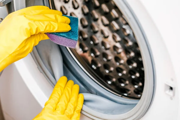 A man in yellow gloves cleans a dirty, moldy rubber seal on a washing machine. Mold, dirt, limescale in the washing machine. Periodic maintenance of household appliances.