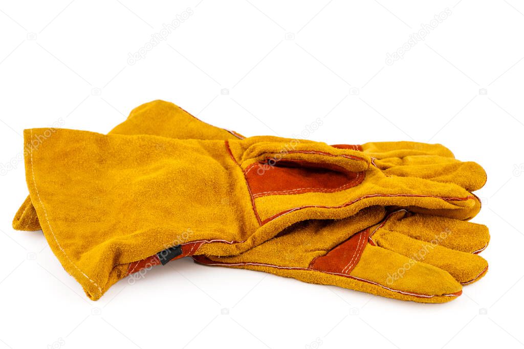 Leather gloves for welders, insulated on a white background. Welder's accessories.
