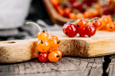 Bir kasede olgun kırmızı frenk üzümü. Koyu kırsal ahşap bir masada taze kırmızı frenk üzümü. Kopyalanacak alanı olan arkaplan.