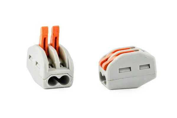 Electrical Connector Terminal Block Clips Electrical Cables White Background — Stock Photo, Image