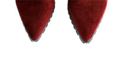 Beyaz arka planda izole edilmiş Burgundy kadın deri çizmeler.