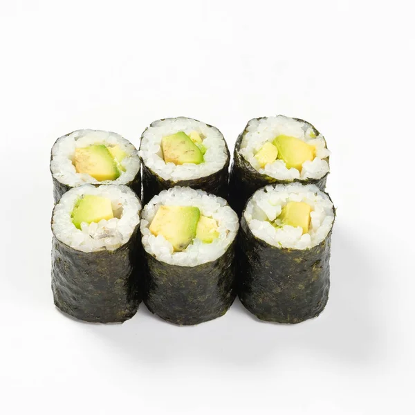 Avocado Rollt Isoliert Auf Weißem Hintergrund Großaufnahme Japanisches Ernährungskonzept Platz — Stockfoto