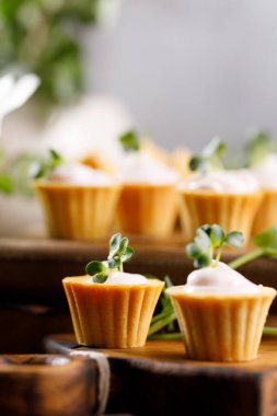 Hafif kremalı kanepeler. Mikro yeşilliklerle hayat. Aperatif atıştırmalık konsepti. Yakın plan.