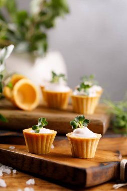 Hafif kremalı kanepeler. Mikro yeşilliklerle hayat. Aperatif atıştırmalık konsepti. Yakın plan.