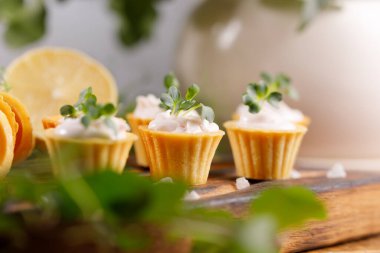 Hafif kremalı kanepeler. Mikro yeşilliklerle hayat. Aperatif atıştırmalık konsepti. Yakın plan.