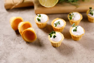 Hafif kremalı kanepeler. Mikro yeşilliklerle hayat. Aperatif atıştırmalık konsepti. Yakın plan.