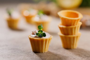 Hafif kremalı kanepeler. Mikro yeşilliklerle hayat. Aperatif atıştırmalık konsepti. Yakın plan.