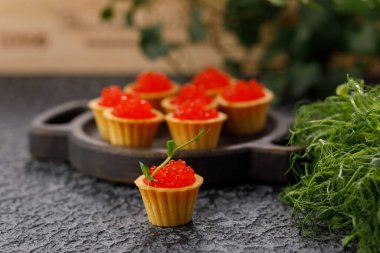 Kırmızı havyarlı ve mikroyeşil desenli iştah açıcı tartlar. Tatil kavramı.