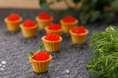 Kırmızı havyarlı ve mikroyeşil desenli iştah açıcı tartlar. Tatil kavramı.