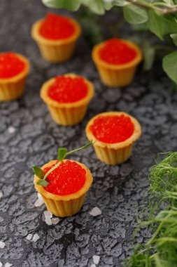 Kırmızı havyarlı ve mikroyeşil desenli iştah açıcı tartlar. Tatil kavramı.