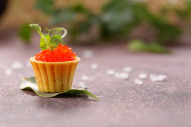 Kırmızı havyarlı ve mikroyeşil desenli iştah açıcı tart. Tatil kavramı.