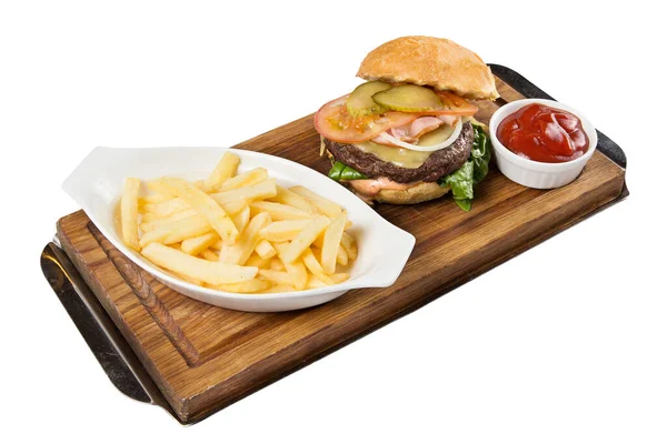 stock image Restaurant service concept. Appetizing hamburger with French fries.