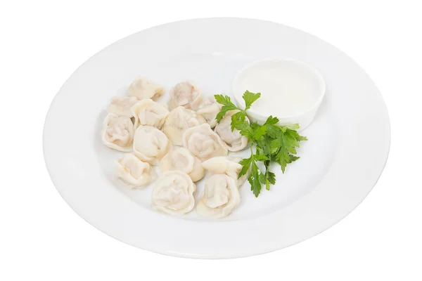 Dumplings Ett Träbord Med Gräddfil Restaurangservering — Stockfoto