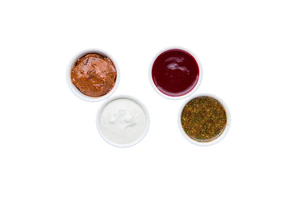 Diferentes Tipos Salsas Cuencos Concepto Servicio Restaurante Imagen De Stock