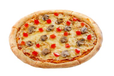 Beyaz arka planda izole edilmiş pizza. İtalyan gıda konsepti.