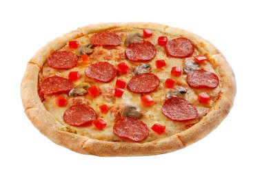 Beyaz arka planda izole edilmiş pizza. İtalyan gıda konsepti.