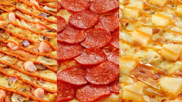 Hay Tres Tipos Pizza Macro Detalles Los Ingredientes Concepto Comida —  Fotos de Stock