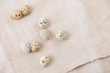 Durgun hayat. Tekstil peçetesinde bıldırcın yumurtası. Kırsal.