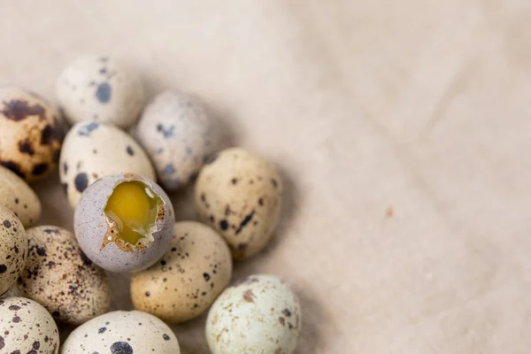 Naturaleza Muerta Huevos Codorniz Una Servilleta Textil Rústico — Foto de Stock