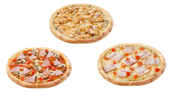 Tres Pizzas Aisladas Sobre Fondo Blanco Concepto Comida Italiana —  Fotos de Stock