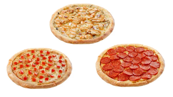 Три Піци Ізольовані Білому Тлі Італійська Концепція Їжі — стокове фото