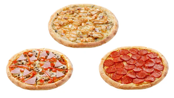 Trois Pizzas Isolées Sur Fond Blanc Concept Alimentaire Italien — Photo