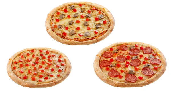 Tres Pizzas Aisladas Sobre Fondo Blanco Concepto Comida Italiana Imagen De Stock