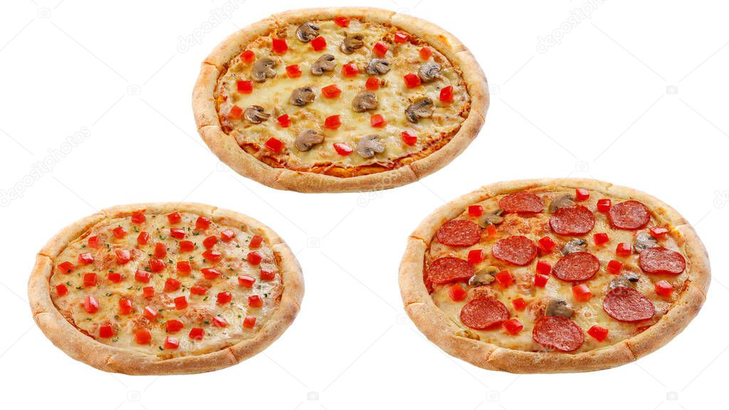 Three pizzas isolated on a white background. Italian food concept.