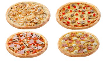 Beyaz arka planda izole edilmiş dört pizza takımı. İtalyan gıda konsepti.