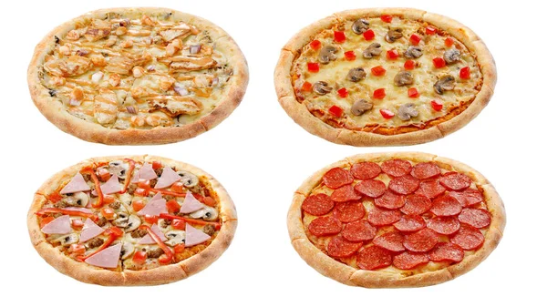 Набір Чотирьох Піц Ізольованих Білому Тлі Італійська Концепція Їжі — стокове фото
