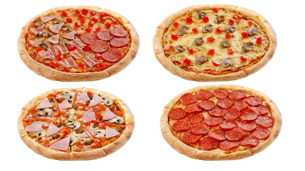 Set Von Vier Pizzen Isoliert Auf Weißem Hintergrund Italienisches Ernährungskonzept — Stockfoto