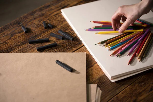 Close Voor Artiest Plaats Voor Tekst Potloden Voor Het Tekenen — Stockfoto