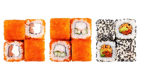 Clásicos Conjuntos Rollos Sushi Sushi Sobre Fondo Blanco Sushi Japonés — Foto de Stock