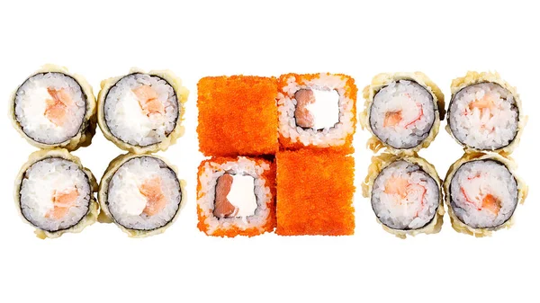 Conjuntos Clássicos Sushi Roll Sushi Sobre Fundo Branco Japonês Sushi — Fotografia de Stock