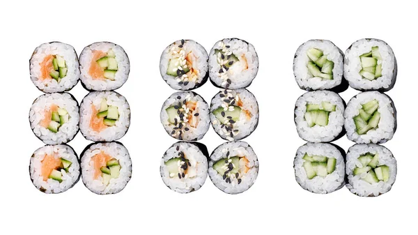 Clásicos Conjuntos Rollos Sushi Sushi Sobre Fondo Blanco Sushi Japonés — Foto de Stock