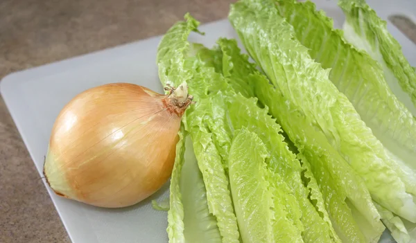 Folhas de alface Romaine orgânicas e uma cebola na tábua de cortar — Fotografia de Stock