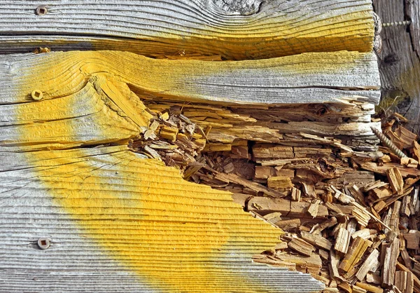 Гниющая древесина на набережной нуждается в ремонте, который был выделен ярко-желтой краской — стоковое фото
