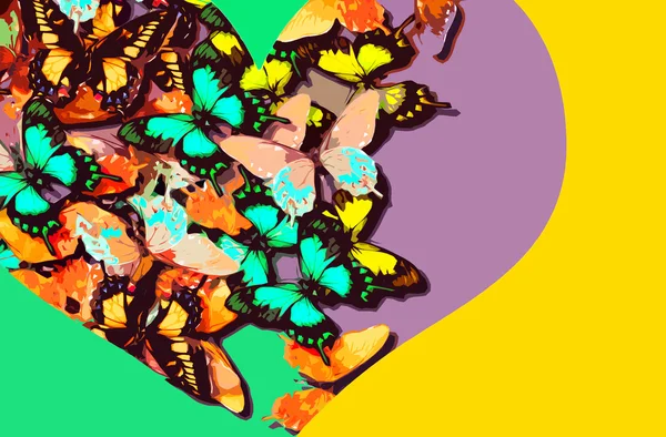 Collage de mariposas coloridas dentro de una forma de corazón sobre un fondo brillante —  Fotos de Stock