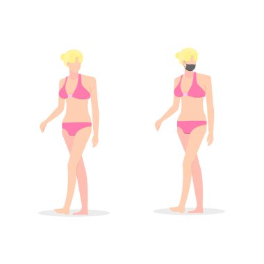 Yürüyüş pozu veren güzel genç bir kadın iki parçalı siyah maske takıyor. Çizgi film kızı ince vektör çizimi. Kadın plaj turizmi.