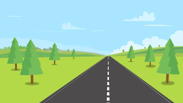 Doğa manzaralı arka plan vektör illüstrasyonlu sokak. Tarlası, ormanı, tepeleri, bulutları ve ağaçları olan kırsal bölge. Güzel doğa manzarası. Ormanlı yol.