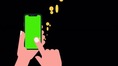 Hand holding smartphone with touch a screen earn coins animated  alpha channel.Make money with smartphone concept.E-payment online business 