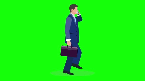 Portrét Podnikatel Kráčející Mluvením Mobilním Telefonu Animace Zelenou Obrazovkou Karikatura — Stock video