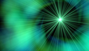 Soyut yeşil güneş patlaması ve sis ön planda. Mercekle parlayan yeşil ışıklar.