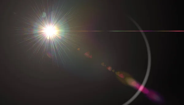 Lins Flare Light Över Svart Bakgrund Abstrakt Sol Brast Med — Stockfoto