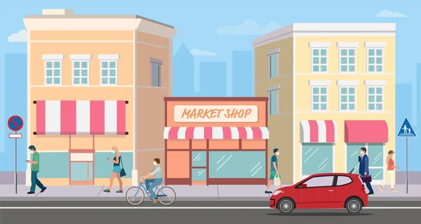 Flat Building Shopping Street Mercato Con Persone Illustrazione Vettoriale Paesaggio — Vettoriale Stock