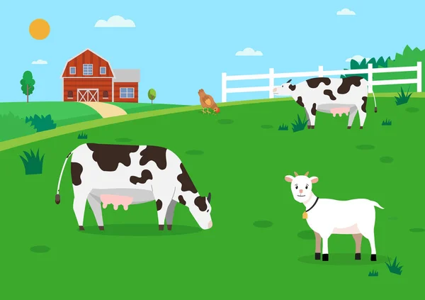 Ferme Nature Avec Animal Ferme Avec Vaches Hen Rural Conception — Image vectorielle