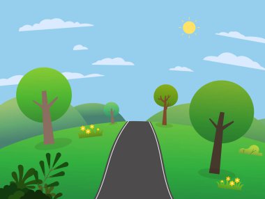 Tepelerde dağlar ve gökyüzü olan yollar. Yazın dağlı güzel çayırlar. Kırsal kesimde doğa manzarası. Vektör illüstrasyonu