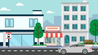 Arabalı Apartman Apartmanı. Vector Illustrasyonu. Şehir manzarası ve kamu parkı. Arabayla yola çıkma. Modern mağaza binaları..